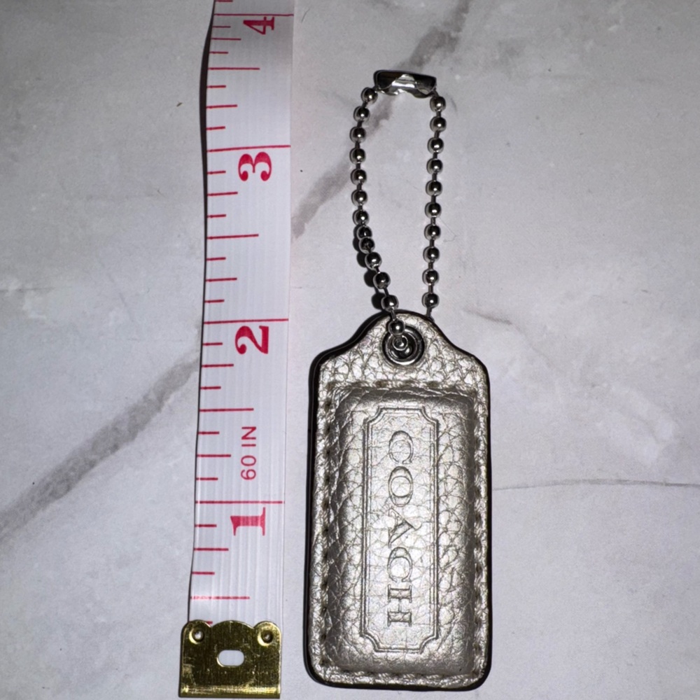 Coach Silver Metallic Leather HangTag fob keychain w silver Ball Chain 2” long